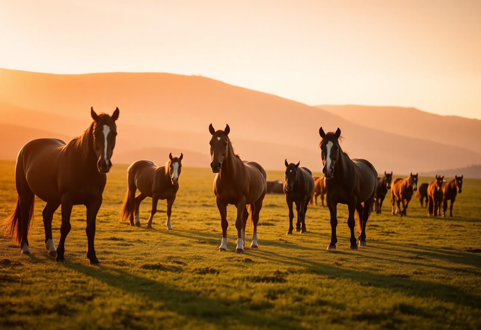Horses standing safely in an open green pasture at golden hour